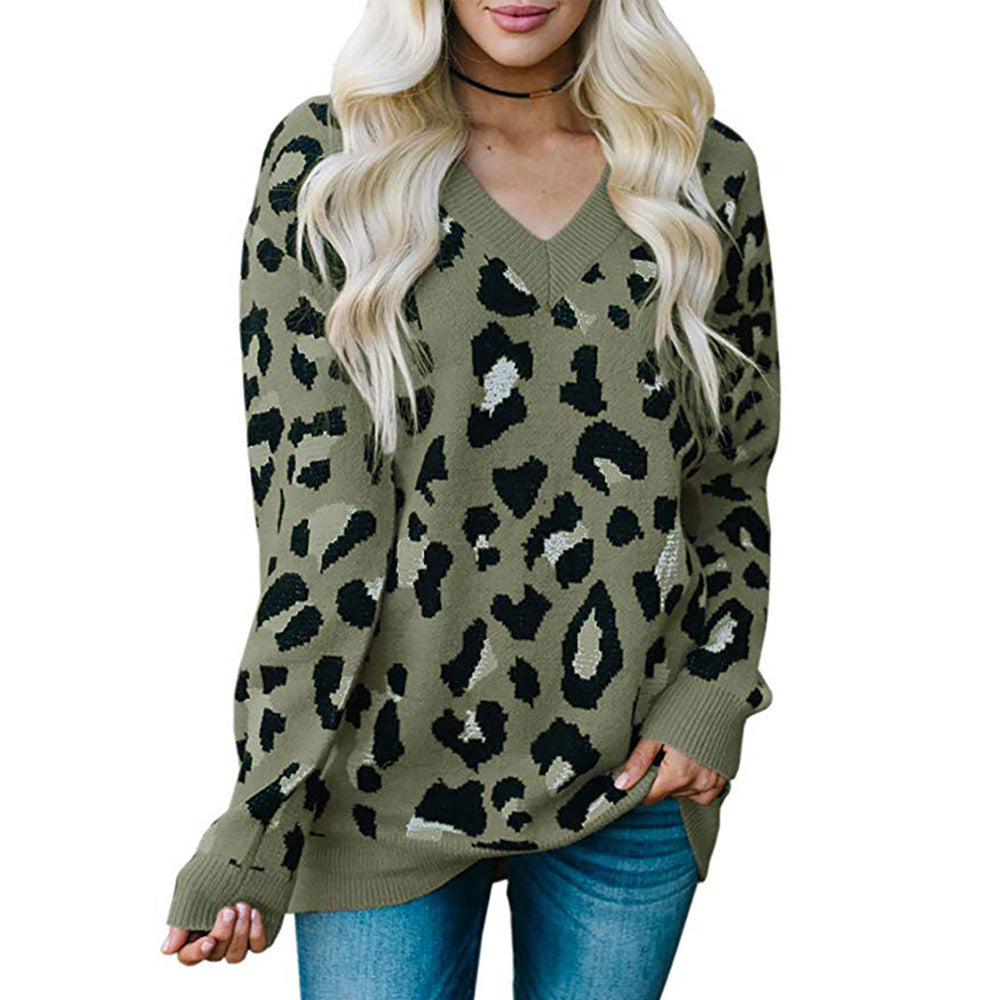 Damen Pullover mit Leopardenmuster und V-Ausschnitt EB