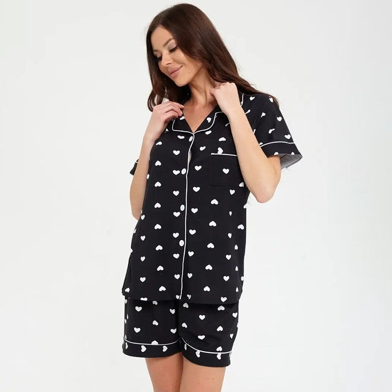 Damen Pyjama-Set mit Herzmotiv und bequemen Shorts EB