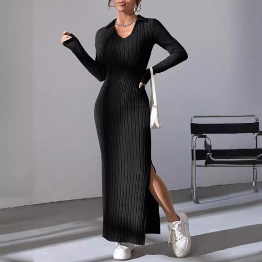 Damen Langarm Maxikleid mit V-Ausschnitt und seitlichem Schlitz EB