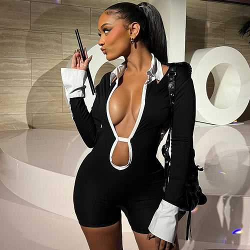 Damen Eleganter Jumpsuit mit tiefem Ausschnitt und kontrastierenden Ärmeln EB