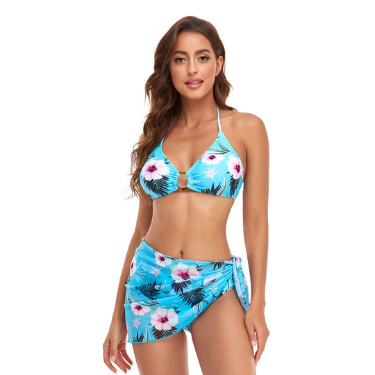 Damen Triangel-Bikini-Set mit modischem Wickelrock und floralem Design EB