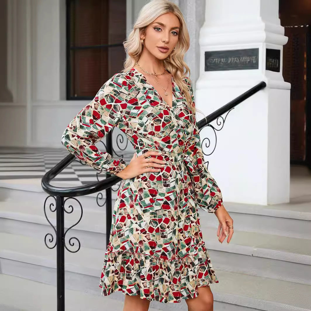 Damen sommerliches Midi-Kleid mit elegantem Mustermix und Rüschensaum EB
