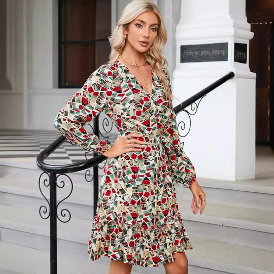 Damen sommerliches Midi-Kleid mit elegantem Mustermix und Rüschensaum EB