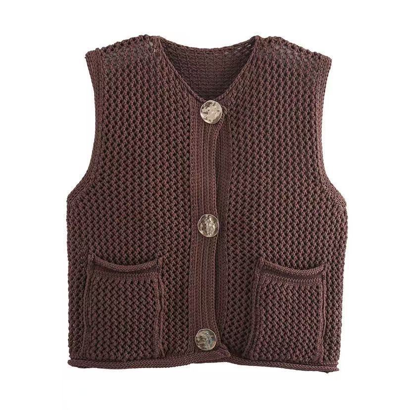 Damen gehäkelte Strickweste mit großen Zierknöpfen und Aufsatztaschen EB