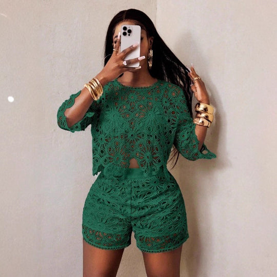 Damen nan luftiges Häkel-Zweiteiler-Set mit floraler Spitze, kurzes Oberteil und hochgeschnittene Taillenhose EB
