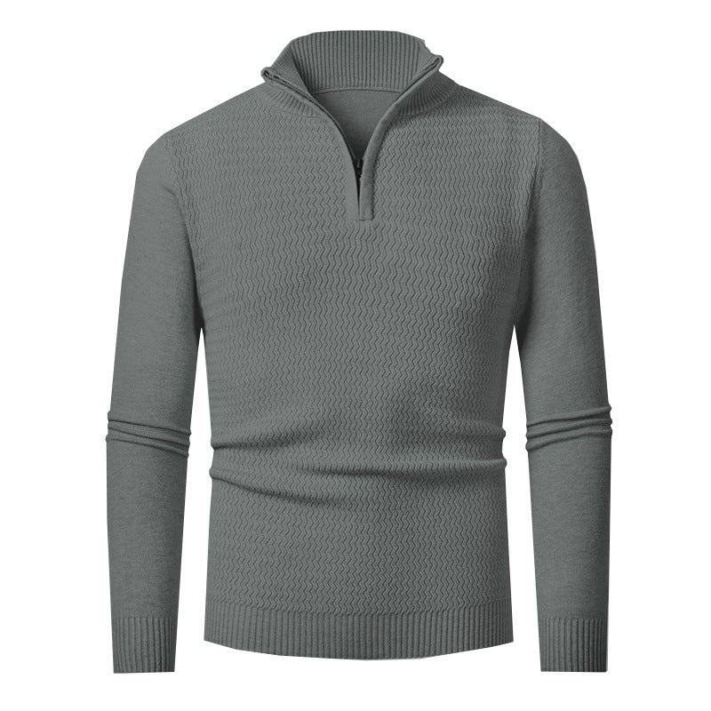 Herren nan Feinstrick-Halbzip-Pullover mit strukturierter Wellenoptik und Stehkragen EB