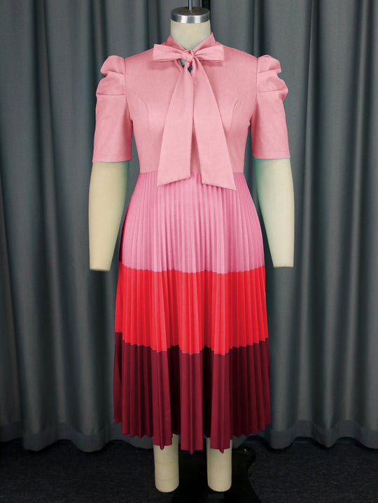 Damen Elegantes Plisseekleid mit Schleifenkragen EB