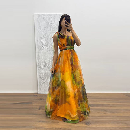 Damen Festliches Maxikleid mit transparenten Chiffon-Überlagern und zartem Rüschendesign EB