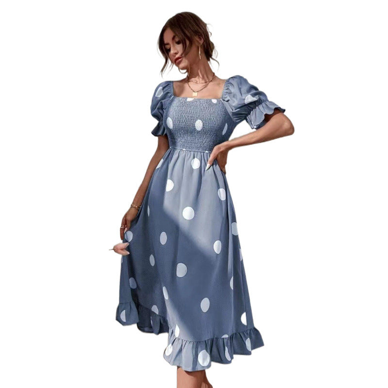Damen Polka Dot Puff Ärmel Midi Kleid EB