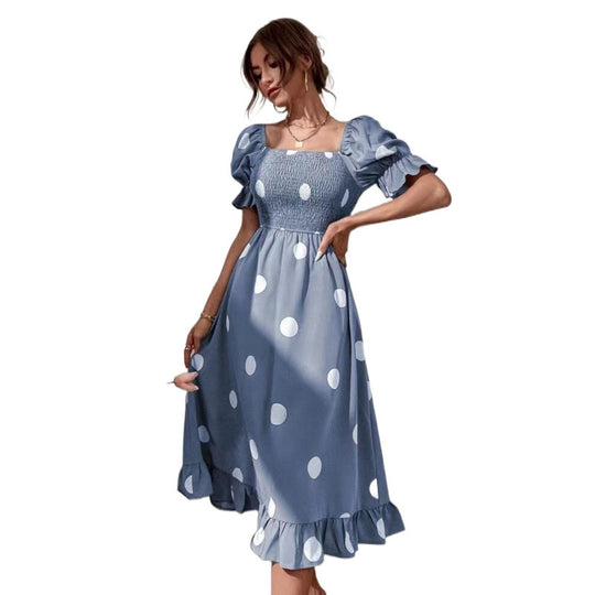 Damen Polka Dot Puff Ärmel Midi Kleid EB