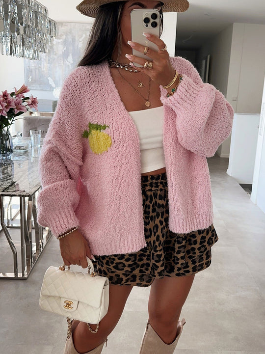 Damen Strickjacke mit fröhlichem Ananas-Motiv und oversized Schnitt EB