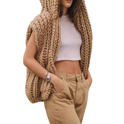 Damen lässige Strickweste mit Kapuze aus grobem Garn EB