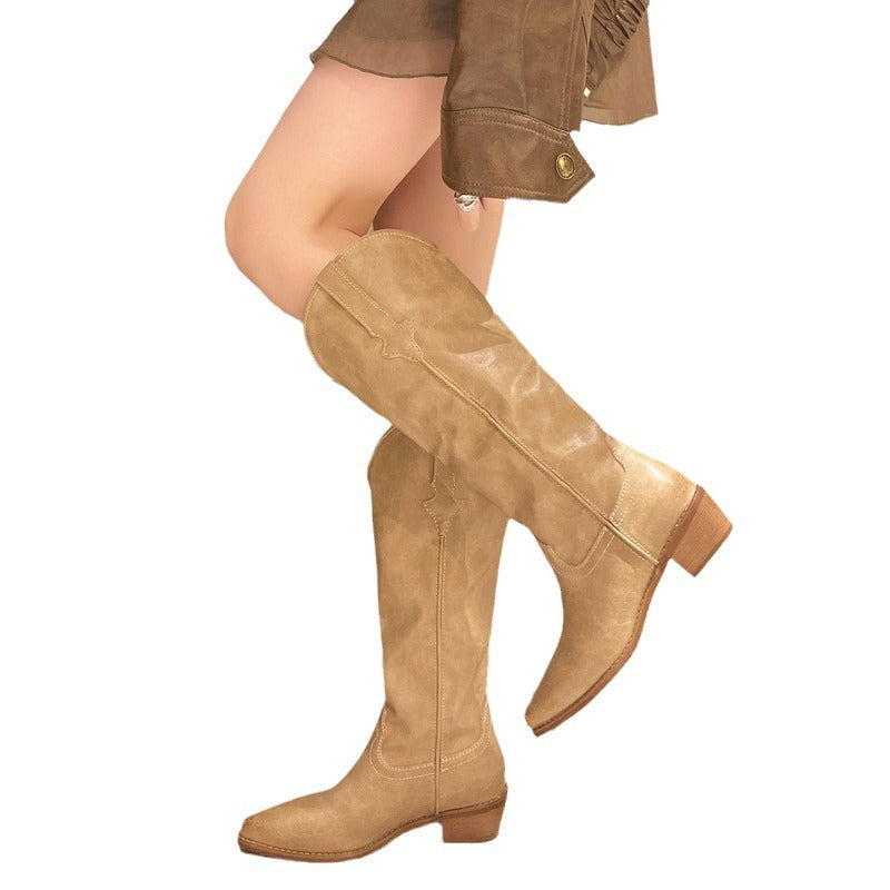 Damen elegante Cowboy-Stiefel mit modischem Schnitt und robustem Blockabsatz EB