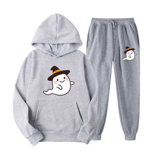 Unisex nan kuscheliger Kapuzenpullover und Jogginghose Set mit Halloween-Geistprint EB