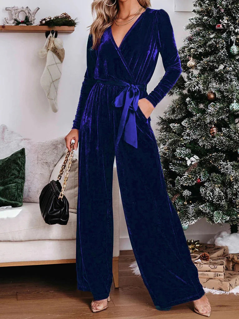 Damen Samt‑Jumpsuit mit Wickel‑V‑Ausschnitt, weitem Bein und Taillengürtel EB