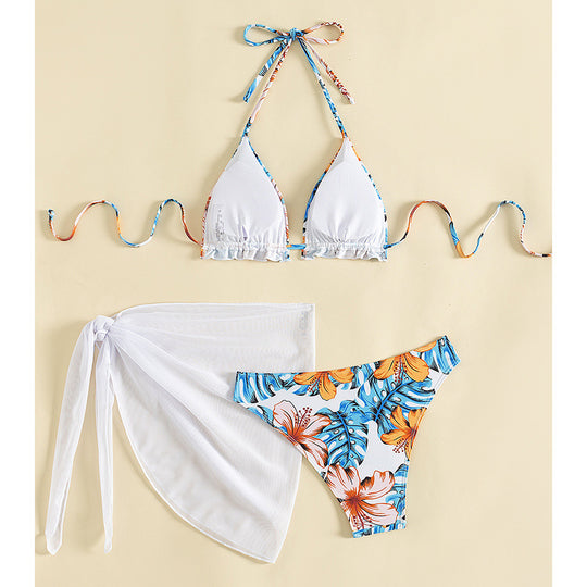 Damen Triangel-Bikini-Set mit floralem Muster und lässigem Tuch EB
