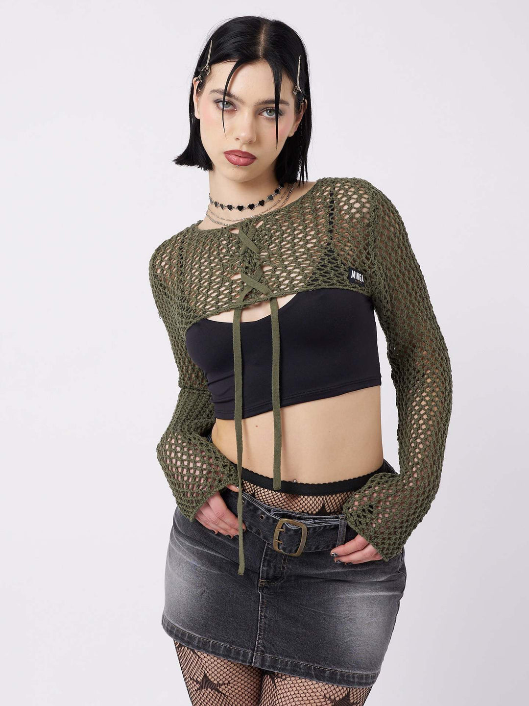Damen luftiger Netzpullover mit Bindebändern EB