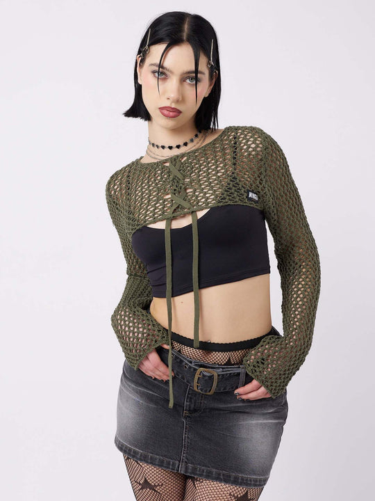 Damen luftiger Netzpullover mit Bindebändern EB