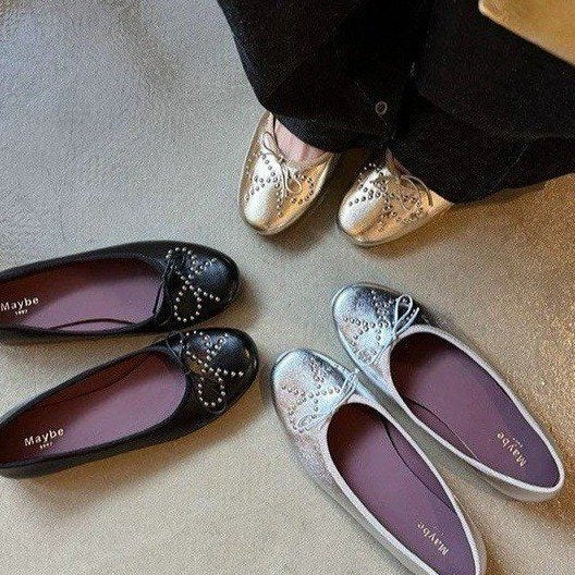 Damen Ballerinas mit schimmerndem Metallic-Obermaterial und Zierperlen EB