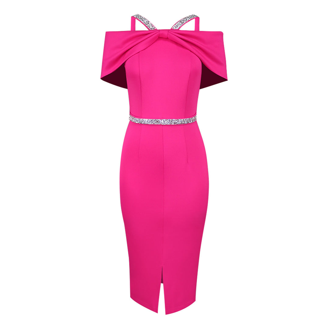 Damen elegantes schulterfreies Midi-Kleid mit funkelndem Taillengürtel EB