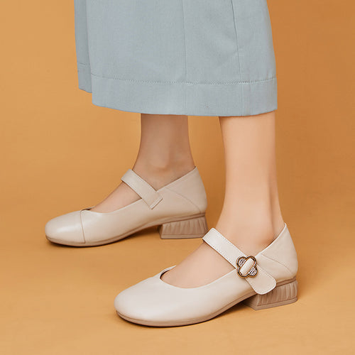 Damen Mary Jane Ballerinas mit dekorativem Riemen und bequemem Blockabsatz EB
