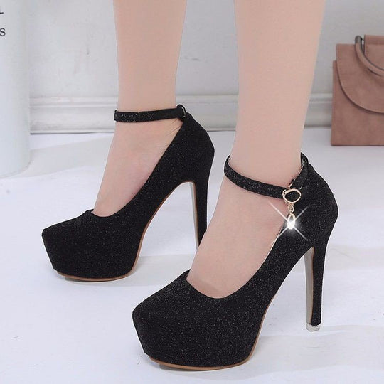 Damen Glitzernde Plateau-Pumps mit Feinem Riemchen und Elegantem Schmuckdetail EB