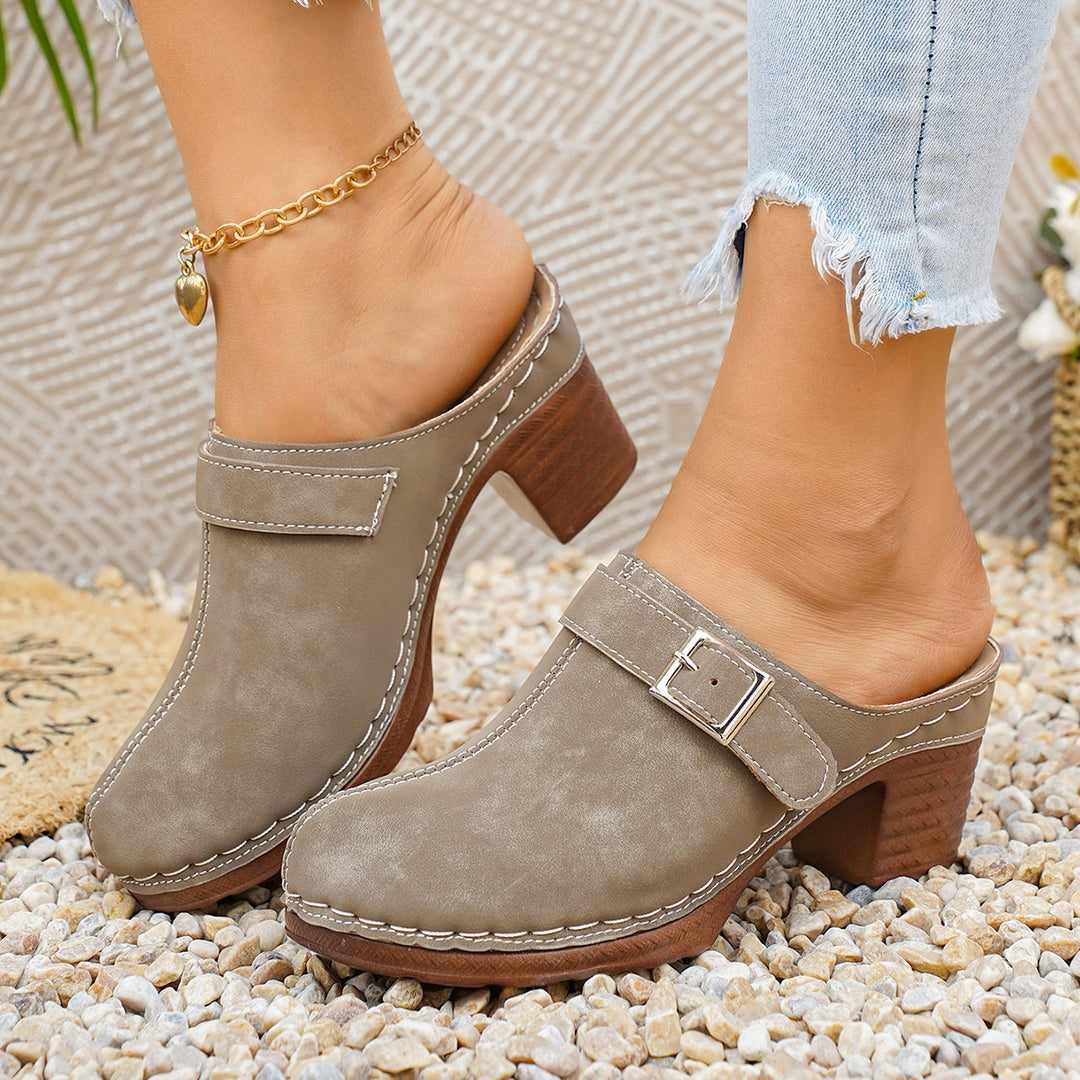 Damen Clogs mit elegantem Riemen und komfortablem Blockabsatz EB