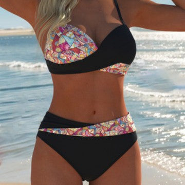 Damen Bandeau-Bikini mit hoch taillierten Höschen und lebhaftem Paisleymuster EB