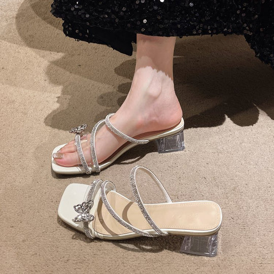 Damen glamouröse Sandalen mit funkelndem Riemen und transparentem Blockabsatz EB