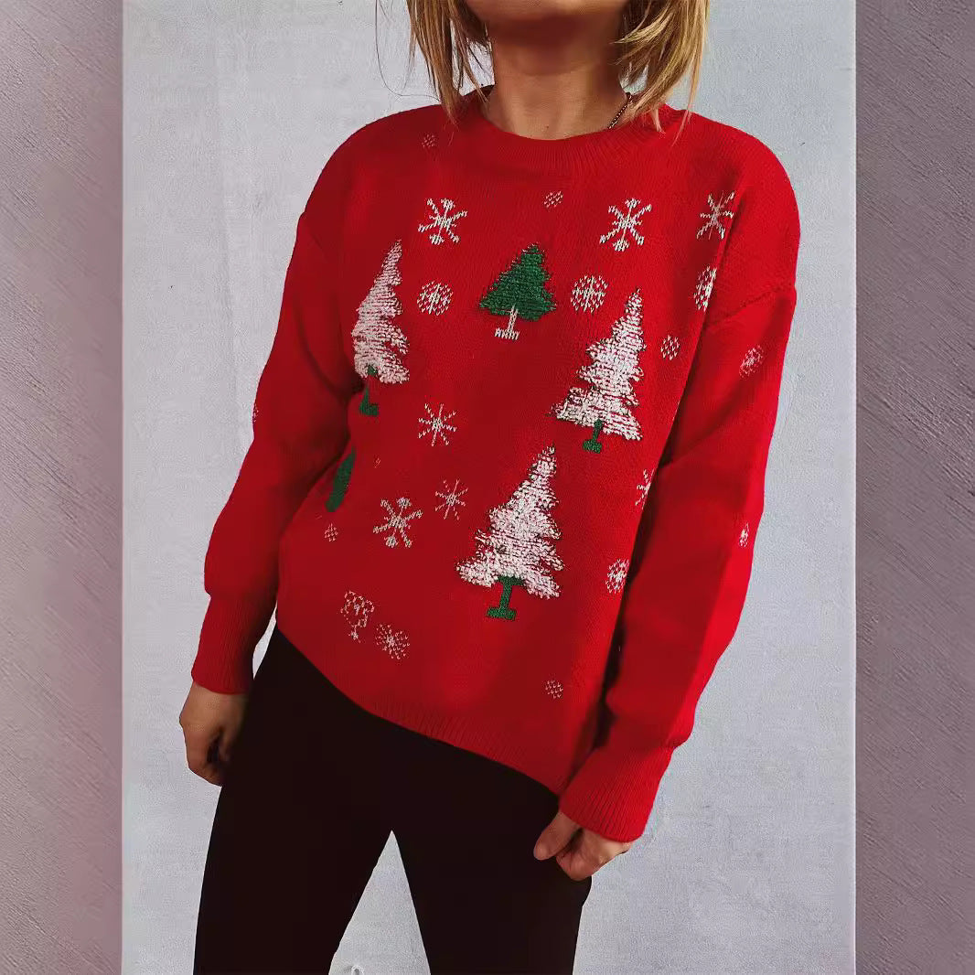 Damen weihnachtlicher Pullover mit festlichem Baumdesign und flauschigem Material EB