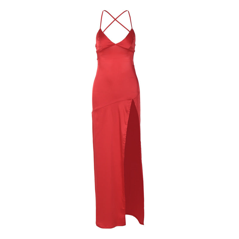 Damen Elegantes und figurbetontes Abendkleid mit seidigem Stoff und hohem Schlitz EB