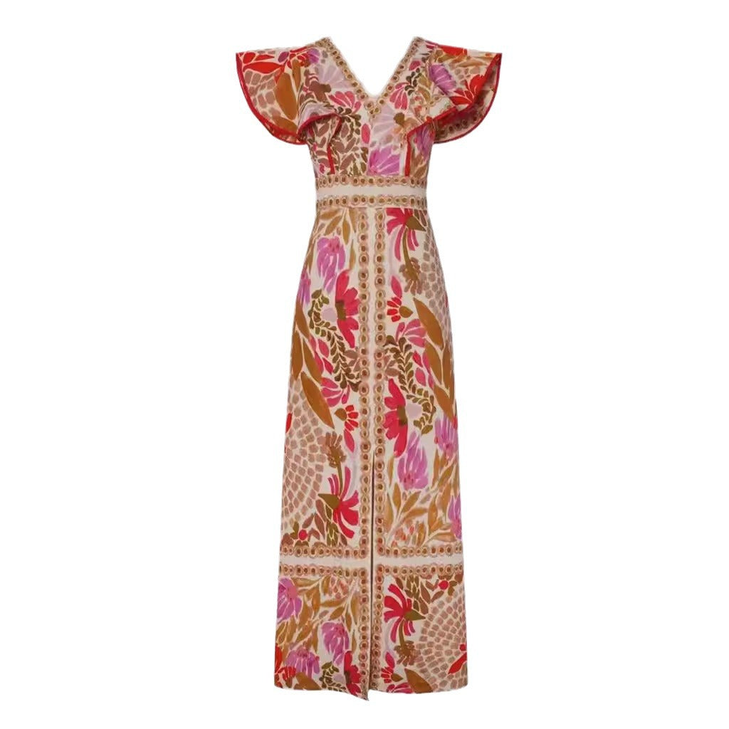 Damen Maxikleid mit farbenfrohem floralem Muster und Volantärmel EB