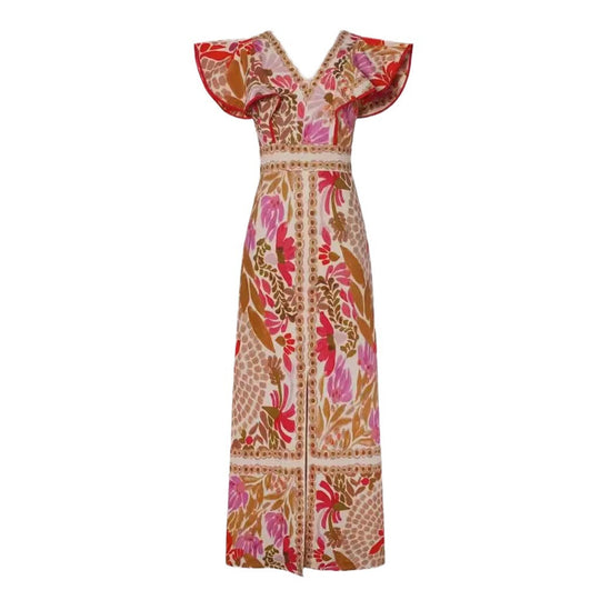 Damen Maxikleid mit farbenfrohem floralem Muster und Volantärmel EB