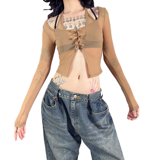 Damen langer Arm Mesh Bluse mit verstellbarem Knoten-Design EB
