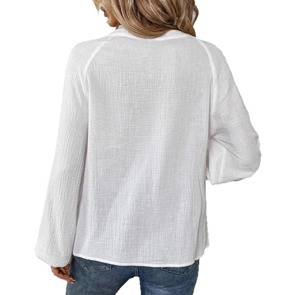 Damen nan bestickte Baumwoll-Gauze Tunika-Bluse mit ornamentaler V-Ausschnitt-Stickerei und Trompetenärmeln EB