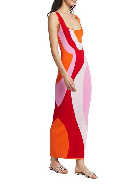 Damen langes figurbetontes Kleid mit quadratischem Ausschnitt und farbenfrohem Muster EB