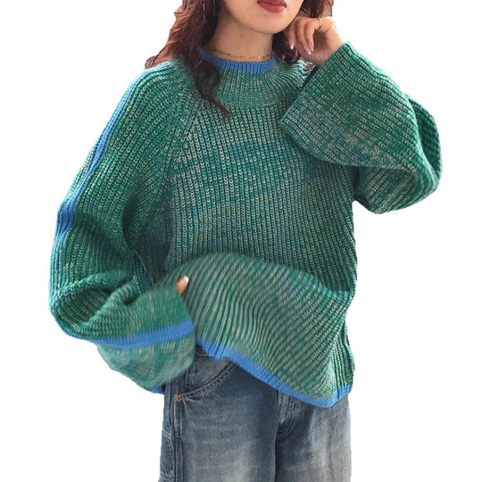Damen lässiger Pullover mit gestricktem Strukturmuster und farblich abgesetzten Ärmelbündchen EB