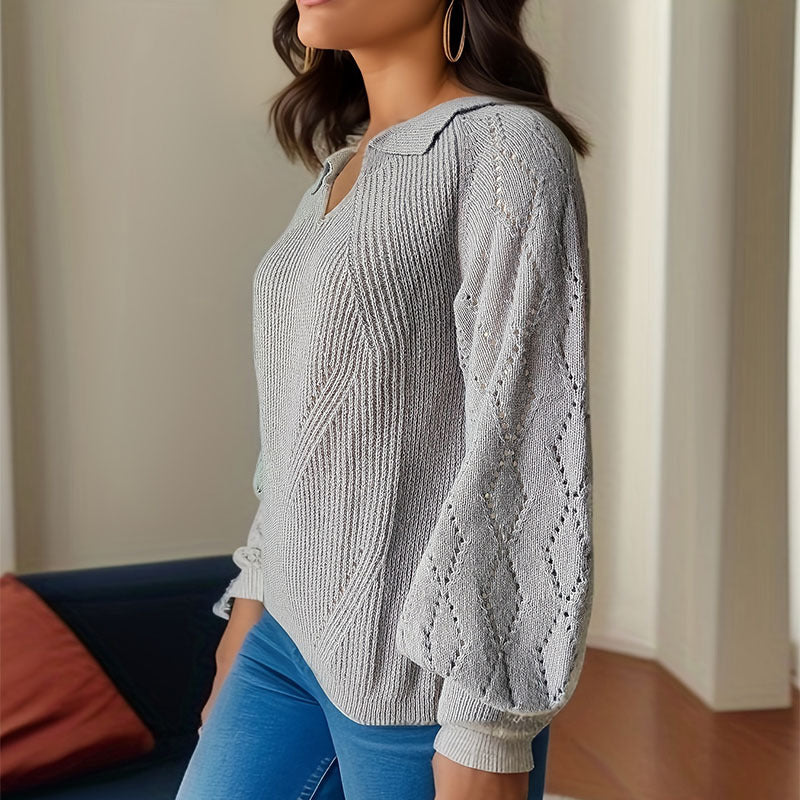 Damen Strickpullover mit V-Ausschnitt und Ballonärmeln EB