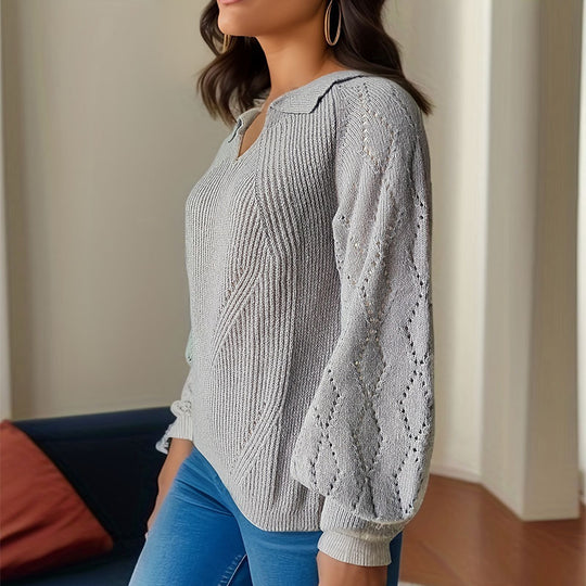 Damen Strickpullover mit V-Ausschnitt und Ballonärmeln EB