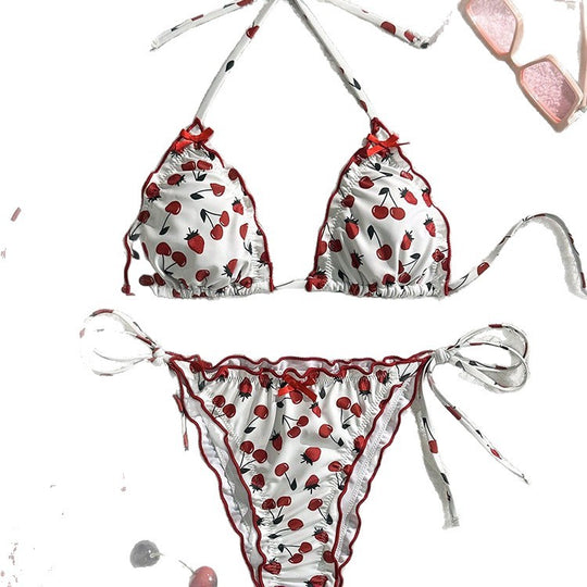 Damen Triangel-Bikini mit ausdrucksstarkem Kirschmotiv und verspielten Bindebändern EB