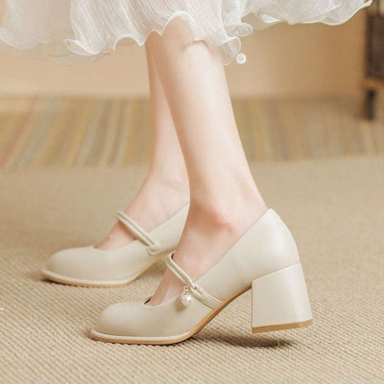 Damen Modische Mary-Jane High Heels mit eleganter Perlen-Details EB