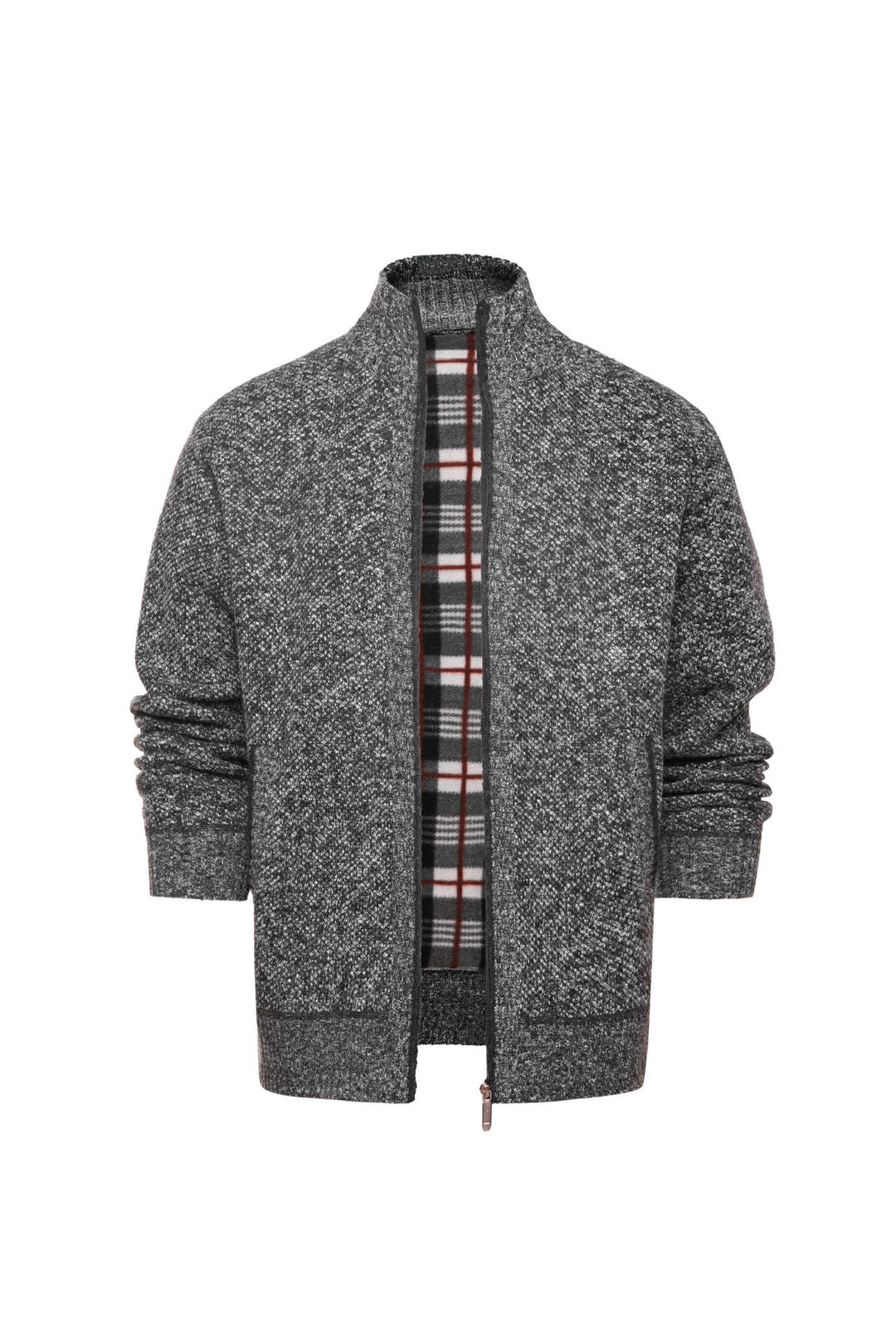 Herren gebürstete Strickjacke mit kariertem Thermofutter und Stehkragen EB
