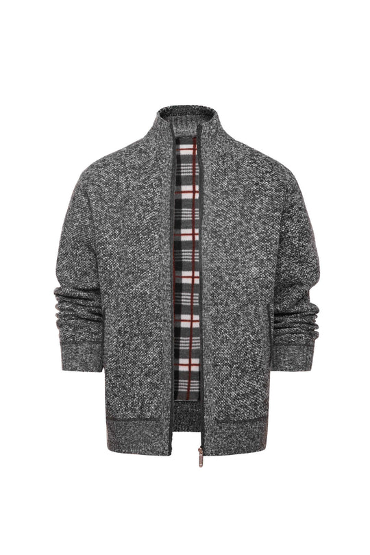Herren gebürstete Strickjacke mit kariertem Thermofutter und Stehkragen EB