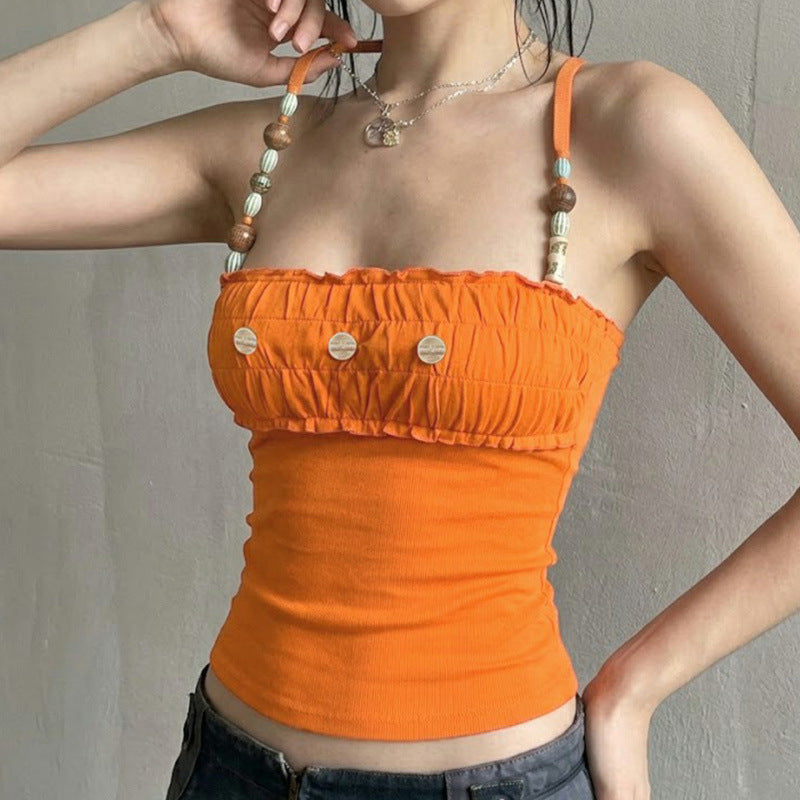 Damen Spitzen-Crop-Top mit dekorativem Rüschen und Knopfdetails EB