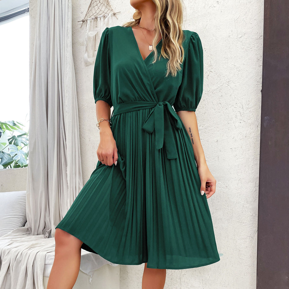 Damen elegantes Wickelkleid mit voluminösen Ärmeln und gerafftem Rock EB