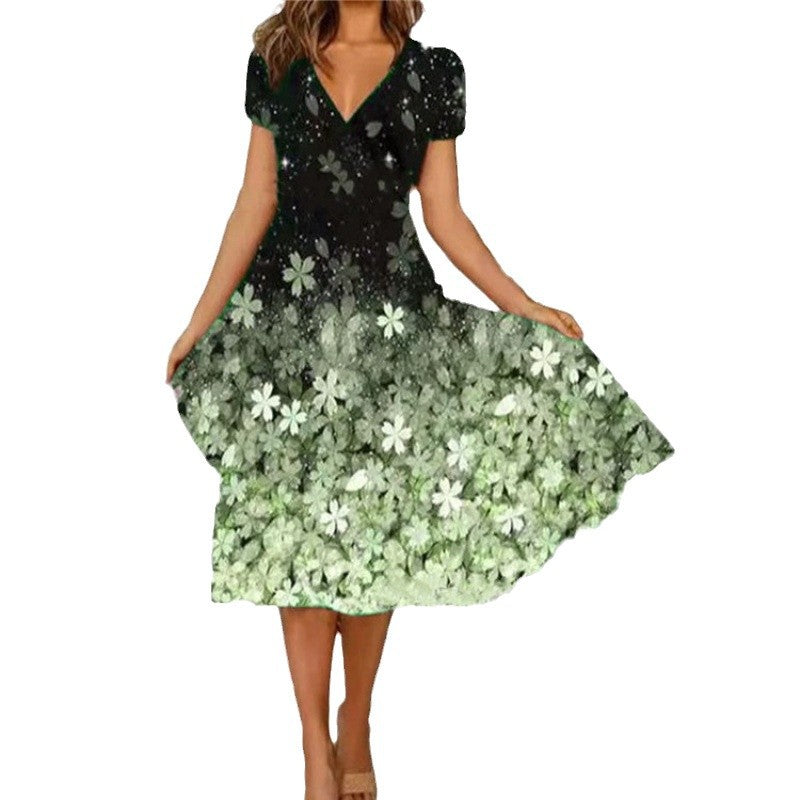 Damen A-Linie Sommerkleid mit V-Ausschnitt und floralen Akzenten EB