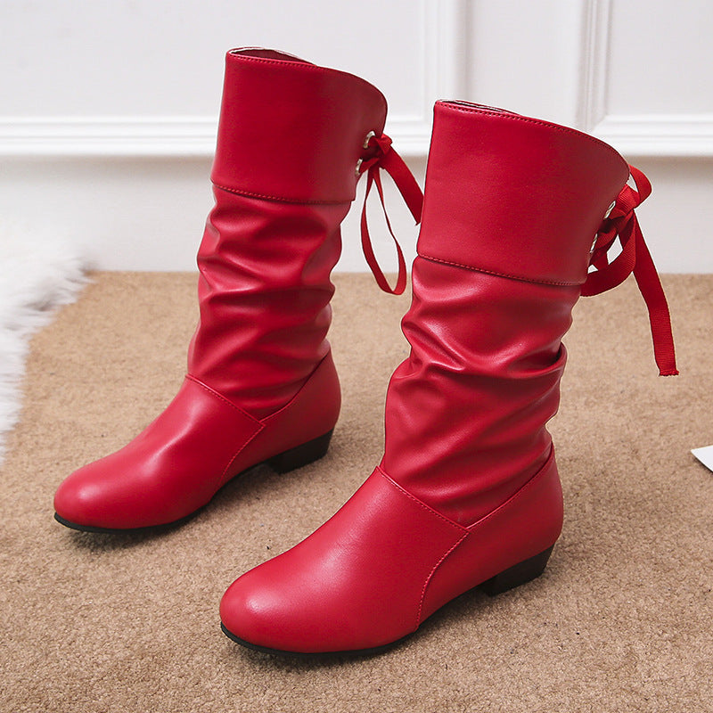 Damen  knielange Stiefel mit rückseitiger Schnürschleife, gerafftem Schaft und flachem Blockabsatz EB