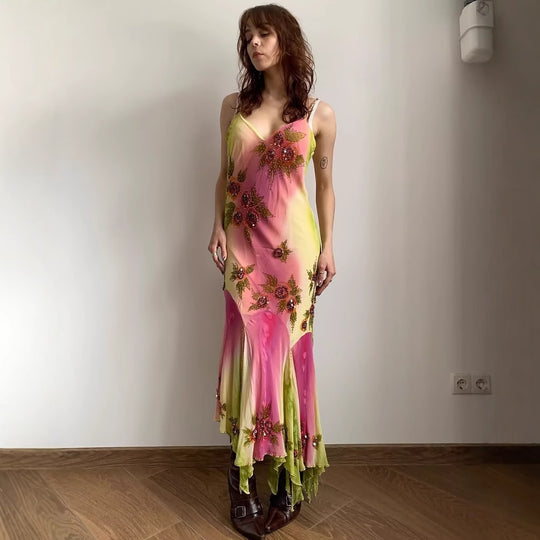 Damen asymmetrisches Sommerkleid mit floralem Design und zarten Spaghettiträgern EB
