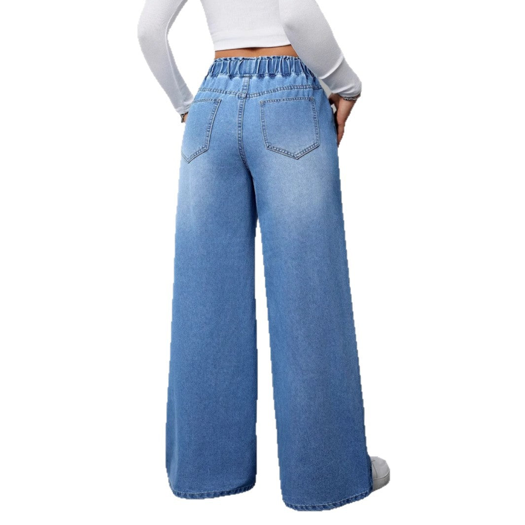 Damen Hochtaillierte Weite Jeans mit bequemem Kordelzug EB