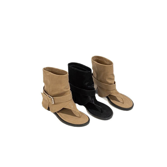 Damen Ankle-Cuff Zehensteg-Sandale mit weitem Schaft und verstellbarem Schnallenriemen EB
